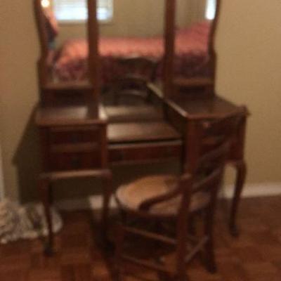 antique tri mirror vanity with chair 