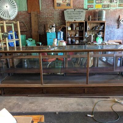 (2) 10ft long Antique Mercantile Wood Glass display cases