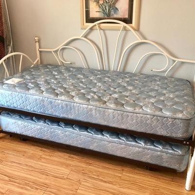White Metal Day Bed w/Trundle and 2 Twin Mattresses - $85 All - (80W  40D  50H)