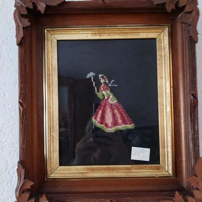 Needlepoint Pinky in vintage carved wood frame