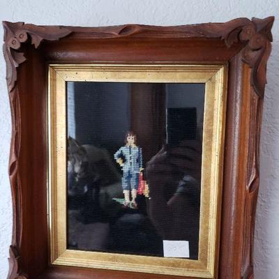 Needlepoint Blue Boy in vintage carved wood frame