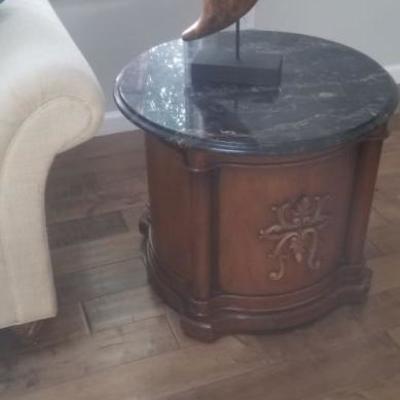 accent wooden end table with rounded marble top $100
