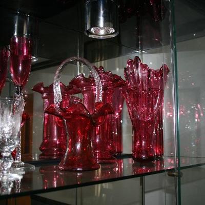 Cranberry Glass Vases & Basket 
