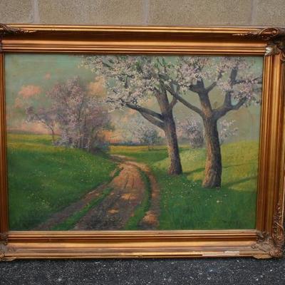 Framed Oil on Canvas of Country Road & Flowering Trees 