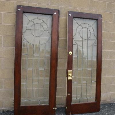 Set of Matching Antique Leaded Beveled Glass Doors. No Broken Glass
