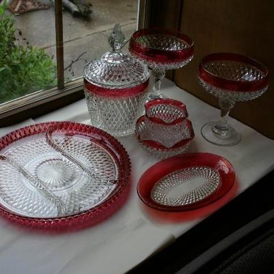 Cranberry & Clear Glass Serving Trays, Foot Compotes, Biscuit Jar & More 