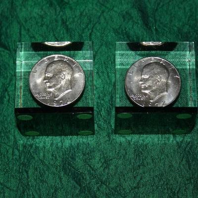Two 1972 EISENHOWER ONE DOLLAR COIN PAPERWEIGHTS 
