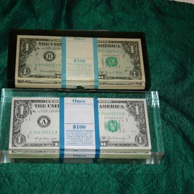 2 Stacks of $1 Dollar Bills from 1969 inside of a Clear Lucite Each Stack Reads $100 Novelty Item Paper Weight 