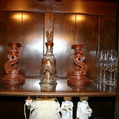 Set of 2 Rare Pink DEPRESSION ERA GLASS CANDLESTICKS Koi Fish / Dragon 8" Tall 
Cut-to-Clear Amber Bohemian Decanter