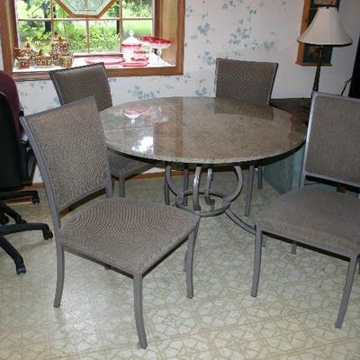 48" in Diameter Circular Polished Granite Dinning Table with 4 Metal Frame Cloth Dinning Table Chairs 