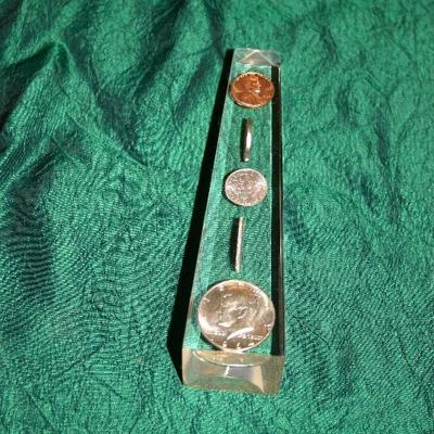 Lucite Paper Weight with 1964 U.S. Silver Coins Plus Others See Image