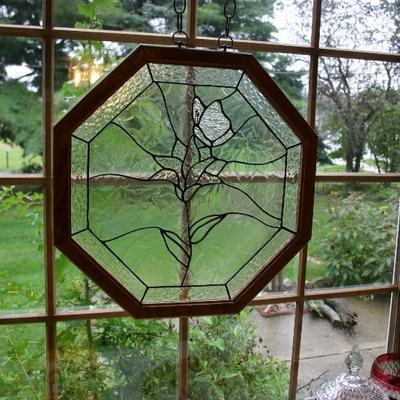 Octagonal Shape Floral Motif Wood Frame Leaded Glass Window Insert 