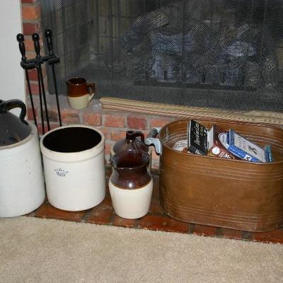 Assortment of Stoneware Jugs & Crocks. 
Large Copper Boiler 