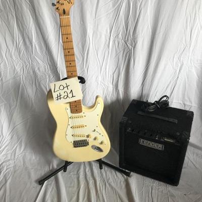 Fender Squier Stratocaster Electric Guitar with Stand and Amplifier