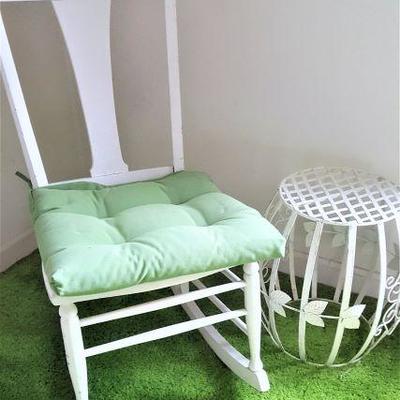 Vintage rocker and wrought iron barrel table