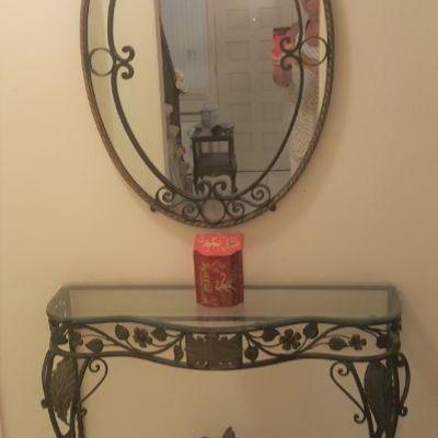 Wrought Iron console table and matching oval mirror