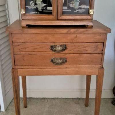Small oak cabinet on legs with 2 drawers.  Oriental jewelry case