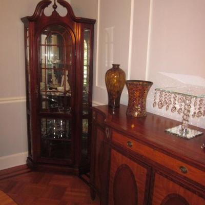 Pair of Beautiful Lighted Corner Display Cabinets with Glass Shelves  
