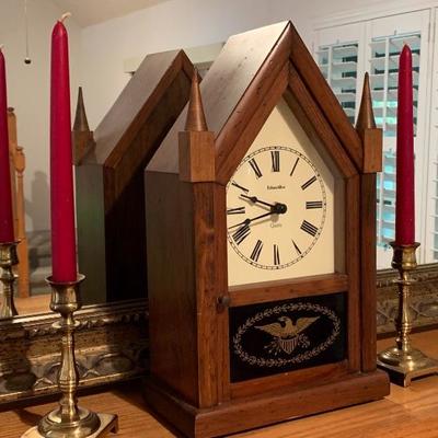 Ethan Allen Mantle Clock with pair of brass candle sticks $70