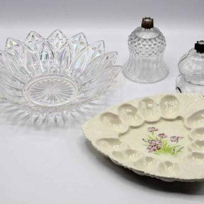 Crystal serving dish, egg platter and (2) Home Int ...