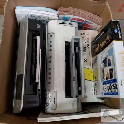 835: Two Printers, Photo paper, other misc. paper types
Both HP printers. Card stock, gloss photo paper, lined paper and envelopes in lot