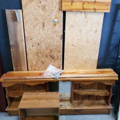 351: Wood Bedframe, Large HeadBoard w/ shelves and rolling small cabinet
Wood Bedframe, Large HeadBoard w/ shelves and rolling small cabinet