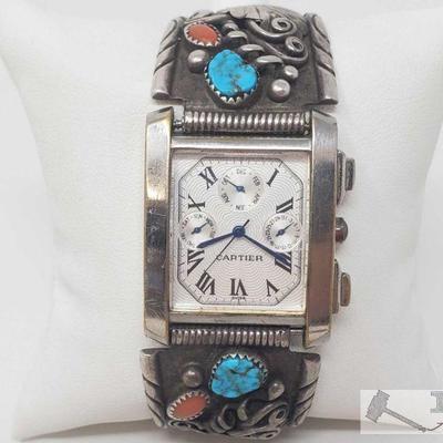 637: 637: Sterling Silver Coral Turquoise Band Cartier Watch, 69.1g
Weighs approx 69.1g measures approx 11mm