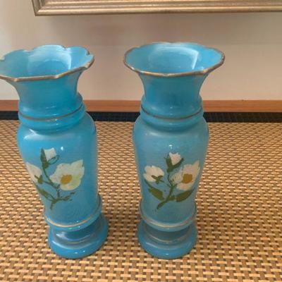 Antique French Victorian Blue Opaline Glass Small Vases- Good Condition Paint Loss is minor beautiful cottage decor- $25 pair
