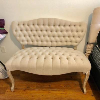 "At Home" Beige Tufted Upholstered Settee w/Queen Anne Legs - $165 - (45W  23D  38H)