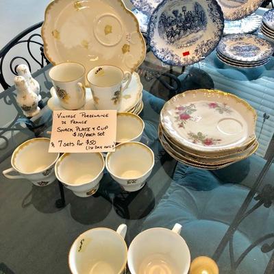 Vintage Porcelaine de France Toast/Snack Plates and Cups - 7 Sets