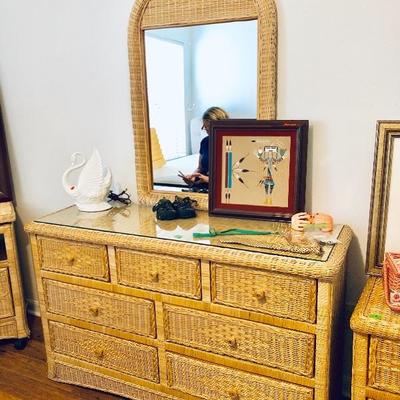 Natural Wicker Dresser w/Mirror and Glass Top - $250 - (54W  18D  33H w/o mirror)