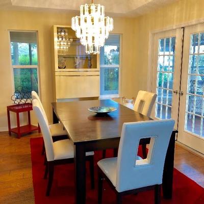 Dark Walnut Dining Table w/Leaf and 4 Vinyl Chairs - $ 495 - (42W  78L w/18" leaf  30H)