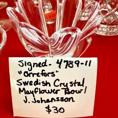 Signed Swedish Crystal Mayflower Bowl -- J. Johansson