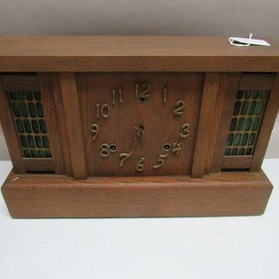 Mission Oak Slag Glass Panel Clock