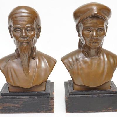1920s Bronze Busts of an Elderly Couple. A fine pair of beautifully cast busts of an elderly Vietnamese couple. The cast bronzes are a...