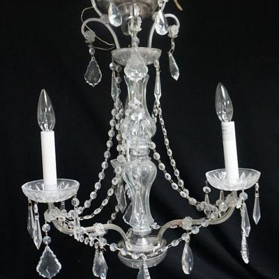 Vintage 20th c. Three Arm Crystal Chandelier. Features 3 Lighting Arms. Ideal for small spaces. Measures 16