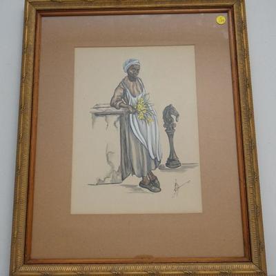 Alice Scott Original Flower seller, 1945, signed "Alice Scott", lower right, gouache on card, 14 x 10 inch in modern gilt...