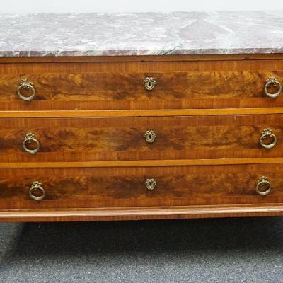 Antique French Red Marble Top Satinwood Chest / Commode with rounded front corners, over corresponding case fitted with three drawers,...
