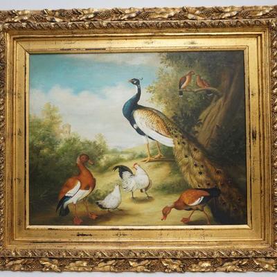 Early 20th c. Oil on Canvas, Birds and Landscape, featuring Peacock, ducks, chickens and doves. Signed Edward O. Wilson lower right. In...
