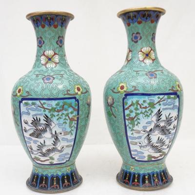PAIR QING CLOISONNE DEER + CRANES VASES
