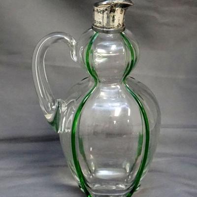 English Art Nouveau Blown Glass Sterling Mounted Claret Jug. With Heath & Middleton Hallmark, Birmingham, date mark for 1899. Applied...