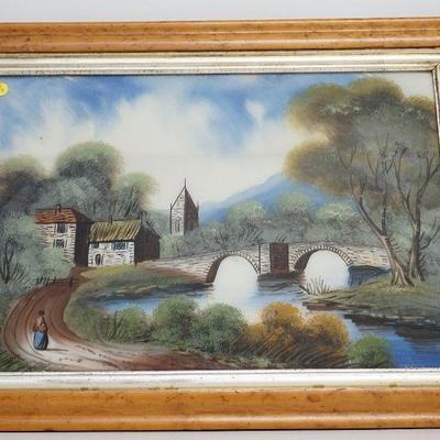 English Reverse Painted Glass c. 1910 Country Village Scene Landscape. 