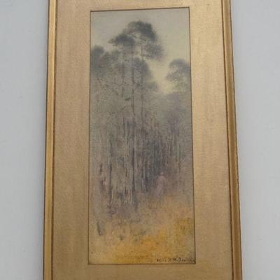 Alice Ravenel Huger Smith (1876-1958) Original Watercolor on Watercolor Board. Pinewoods swamp with woman on path. Board...