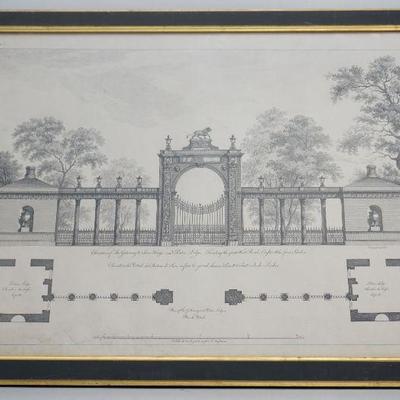 An elegant antique engraving of the design for a gateway and porters lodge at Sion House in West London with Architectural elevations....