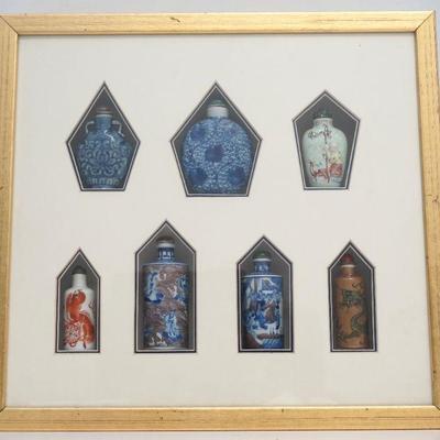Seven Antique / Vintage Chinese Porcelain Snuff Bottles. Purchased and framed in a Gilt wood Shadowbox Frame at Zhang's Textiles,...
