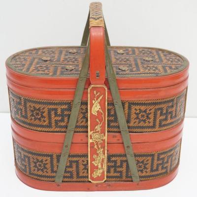 Antique Chinese Lacquered Bamboo Woven Two Tiered Food Basket. Red lacquered sides with gilt birds. Top decorated with gilt flowers....