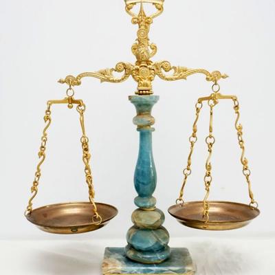 Ormolu Mounted Blue Green Onyx Balance Scale. Measures 20