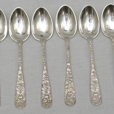 Six Sterling Silver Stieff Rose (1892) Repousse Demitasse Spoons. No monograms. 