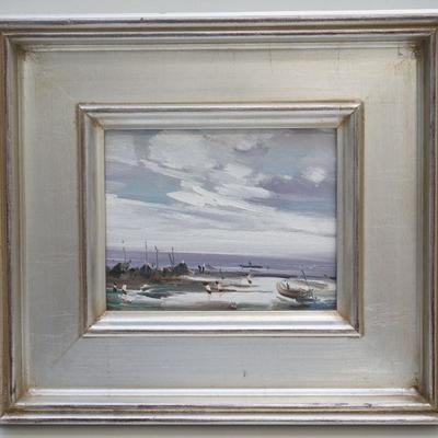 Original Oil on Canvas Coastal Beach Impressionist signed O. Ivan. Professionally framed in stunning heavy gallery silver leaf gilt wood...