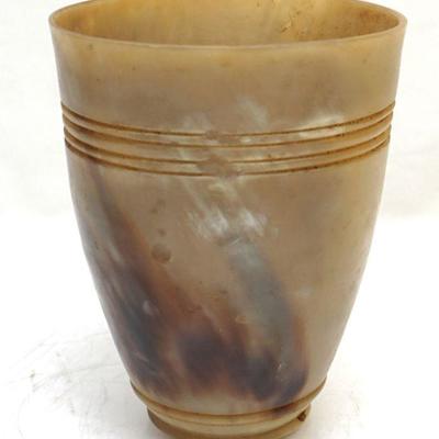 China, 19th C., large carved horn libation cup. Measures 4